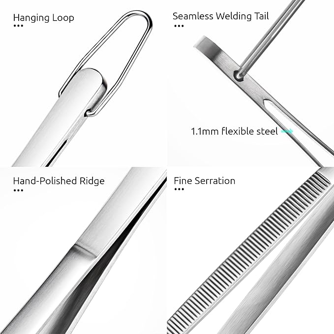 U-Taste 10in Kitchen Cooking Tweezer: 18/8 Stainless Steel Food-Grade Metal Food Tong, Seamless-Welding, Sturdy, Flexible and Non-Slip for Pasta Salad Serving, Grilling, Frying, Baking (Round Tip)
