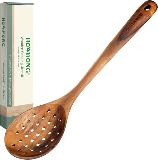 HOWHONG Slotted Spoon Wooden Cooking Utensil, Long Handle Acacia Wood Spoon for Cooking, Draining Spoon for Vegetables Pasta and Frying, Nonstick Cookware Safe, Bare Wood Feel for Daily Kitchen Use