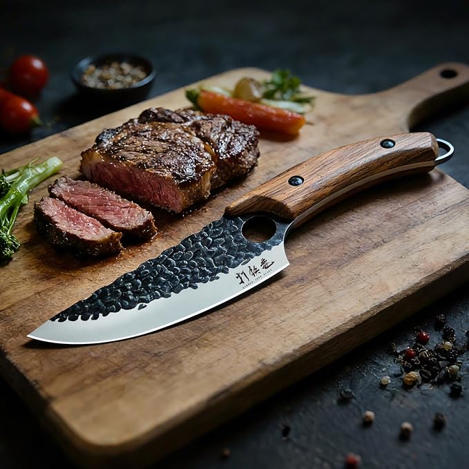 HAMMER IRON ALLEY Japanese Chef Knife, HIA 5.7 inch Sharp Kitchen Knife with Sheath, Hand Forged Butcher Viking Cleaver Knife for Meat Cutting, Home, Camping, BBQ, Black