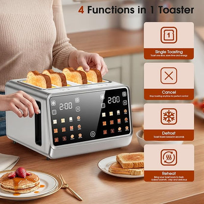 4-Slice Smart Toaster, 1800W Digital Touchscreen with Dual-Zone Control, 1.5" Extra-Wide Slots for Bagels & Thick Bread, 6 Browning Levels & 6 Presets, Single-Slot Energy Saving, Defrost/Reheat