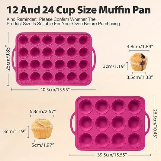 Silicone Muffin Pan for Baking: Non Stick Regular 12 Cup and Mini 24 Cup Muffin Pan Set with Metal Frame - BPA Free 2Pcs Silicone Small Cupcake Tin Tray Egg Bites Mold - for Oven Home Bakers