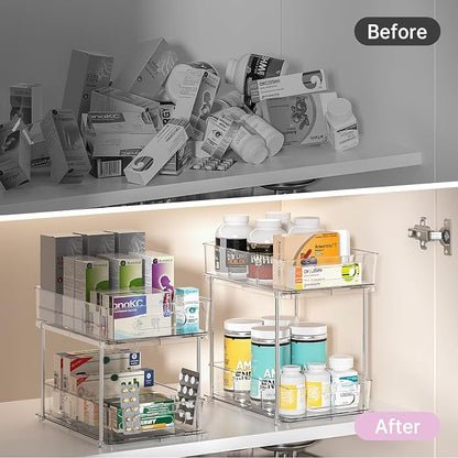 Delamu 2 Tier Under Sink Organizer Bathroom, Bathroom Cabinet Organizer with Snap-Lock Design and Hooks, Pull Out Storage with Movable Dividers, for Countertop, Kitchen and Pantry (Clear, 4 Pack)