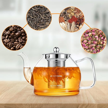 STNTUS Glass Teapot With Infuser, 27 oz / 800 ml for Loose Tea, Stainless Steel Strainer Teapots, Stovetop Safe