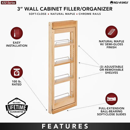 Rev-A-Shelf Kitchen Cabinet Pullout Wall Filler Wooden Organizer Slide Out Pantry Storage w/Soft-Close in Multiple Sizes, 3 x 33 in, 432-WFBBSC33-3C