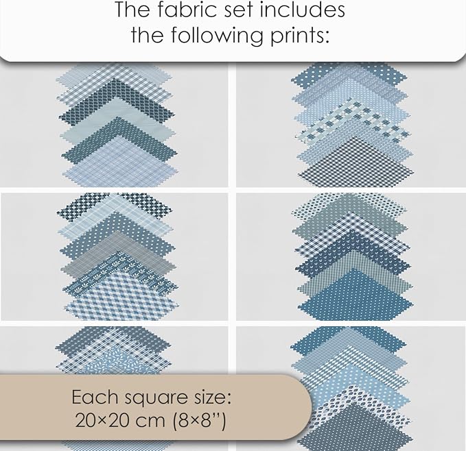 Cotton Satin Patchwork Fabric Panel – 35 Designs, 20×20 cm Squares, Single Piece 150×110 cm, Blue Patchwork Quilt Fabric (Blue Harmony Patchwork Set, 35pcs 8x8 inch)