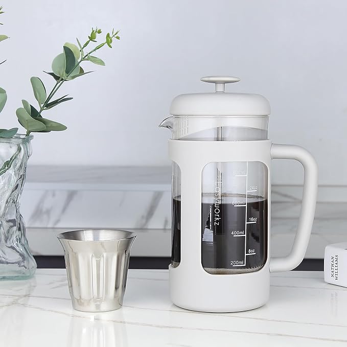 Easyworkz French Press 34 oz Coffee Tea Maker with Borosilicate Glass,Soft Grip Handle,Light Grey