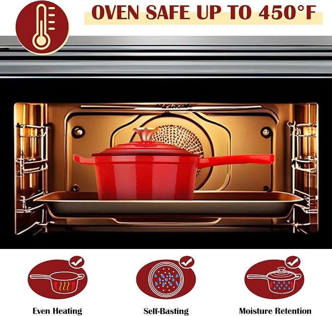 E-far Enameled Cast Iron Sauce Pan, 3 Quart Dutch Oven Saucepan with Lid, Small Sauce Pot for Cooking, Boiling, Healthy & Non Toxic, Induction & Oven Safe, Red