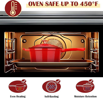 E-far Enameled Cast Iron Sauce Pan, 3 Quart Dutch Oven Saucepan with Lid, Small Sauce Pot for Cooking, Boiling, Healthy & Non Toxic, Induction & Oven Safe, Red