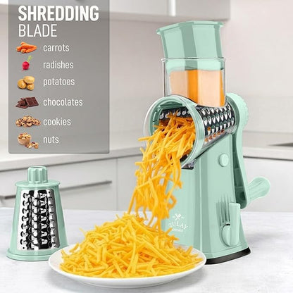 Zulay Kitchen Rotary Cheese Grater 5 Blade Cheese Shredder - Manual Hand Crank Cheese Grater With Reinforced Suction & 5 Interchangeable Drums - Easy to Use, Vegetable Chopper Round Mandoline Slicer