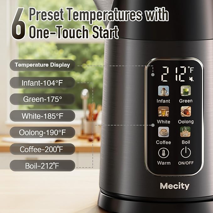 Mecity Electric Kettle 1.7L Touch Screen Temperature Control Water Boiler, No Plastic Contact with Water. 6 Preset Temperature Programs, 2 Hours Keep Warm, Auto Shut Off, Dark Grey