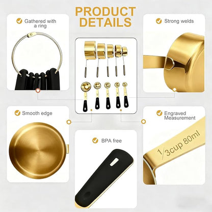 Bopei Measuring Cups and Spoons Set, Gold Electroplated Stainless Steel 10 Piece for Cooking and Baking (5 Cups + 5 Spoons Gold)