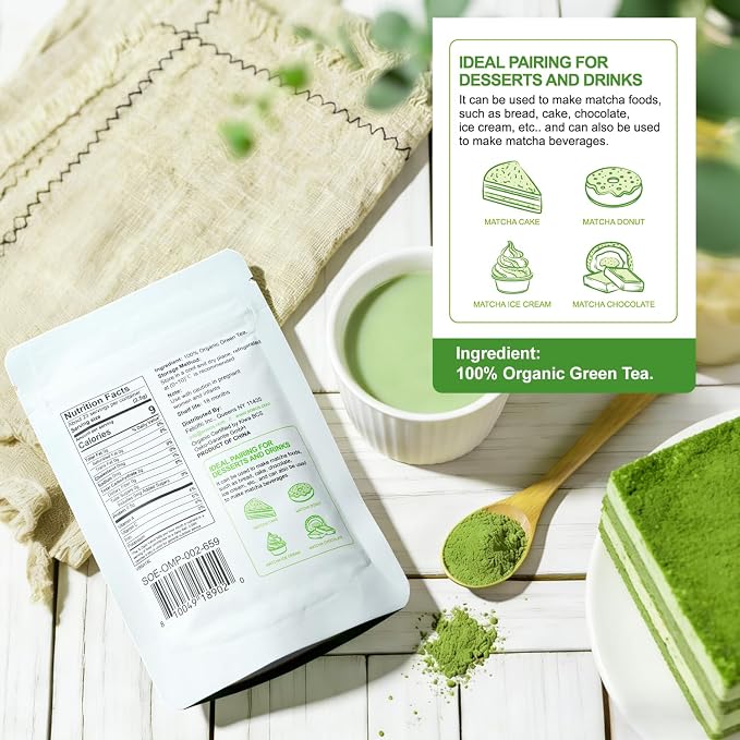 Soeos Organic Matcha Powder, Matcha Green Tea Powder, 2 oz (4 Pack), Total 8 oz, Antioxidant-Rich Matcha Powder for Lattes, Smoothies and Baking, Recyclable Bags