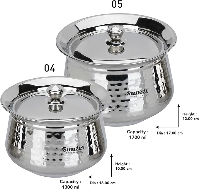Sumeet Stainless Steel Handcrafted Hammered Texture Handi Set with Lid for Kitchen, Set of 2, 1300ml & 1700ml, Silver