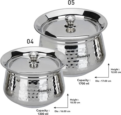 Sumeet Stainless Steel Handcrafted Hammered Texture Handi Set with Lid for Kitchen, Set of 2, 1300ml & 1700ml, Silver