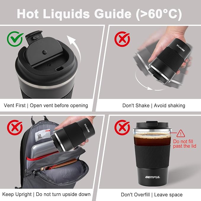 GEMFUL To Go Coffee Mug with Lid 13 oz Travel Mugs Insulated Coffee Cups Spill Proof Leak Proof Vacuum Stainless Steel for Hot Cold Drinks Women Men (Black)