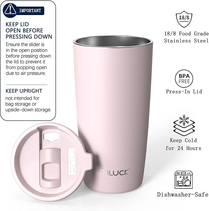 TILUCK 20 oz Insulated Tumbler with BPA-Free Lid, Stainless Steel Vacuum Travel Coffee Mug, Double Wall Coffee Tumbler （20oz，Matte LightPink）