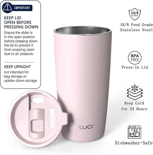TILUCK 20 oz Insulated Tumbler with BPA-Free Lid, Stainless Steel Vacuum Travel Coffee Mug, Double Wall Coffee Tumbler （20oz，Matte LightPink）