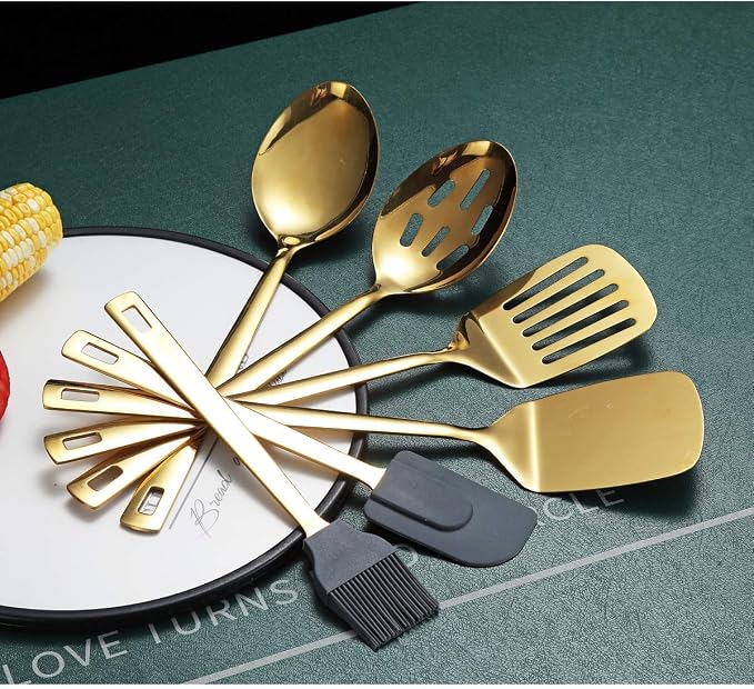 Gold Cooking Spoons, Berglander 6 Pieces Spatula Set Stainless Steel, Metal Spatula, Serving Spoon, Kitchen Tools Set Non-Stick And Heat Resistant, Dishwasher Safe, Easy to Clean (6 Packs)