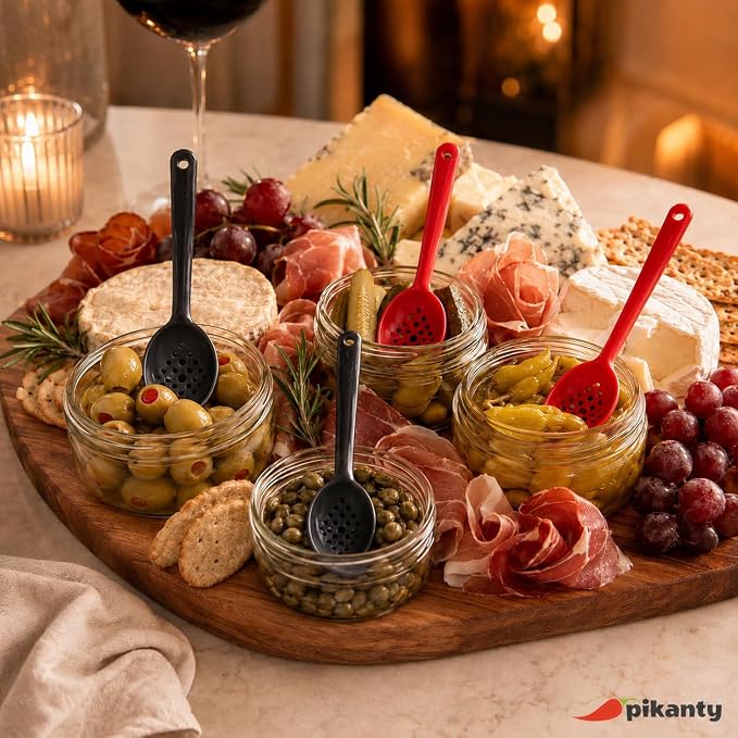 Olive and Pickle Spoon Set of 4, 7-Inch Small Slotted Serving Utensils for Jars, Red and Black, Perfect for Olives, Pickles, Capers, Pepperoncini, Cherries, Dishwasher Safe, Made in USA by Pikanty