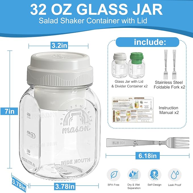 [UPGRADE] 2 Pack Salad Jars with Silicone Dressing Cup, 32 Oz Salad Container for Lunch Meal Prep w Foldable Fork, Separation Divider for Dry Food & Wet Sauce, Salad Pod On The Go for Overnight Oats