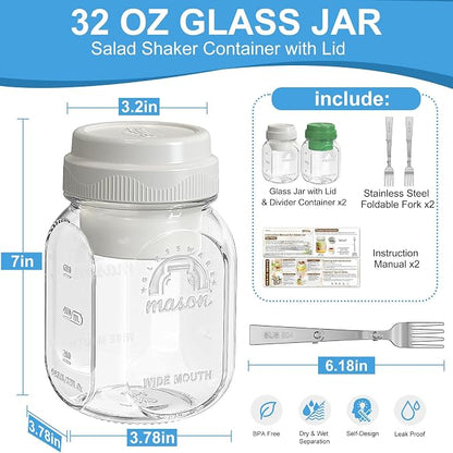 [UPGRADE] 2 Pack Salad Jars with Silicone Dressing Cup, 32 Oz Salad Container for Lunch Meal Prep w Foldable Fork, Separation Divider for Dry Food & Wet Sauce, Salad Pod On The Go for Overnight Oats