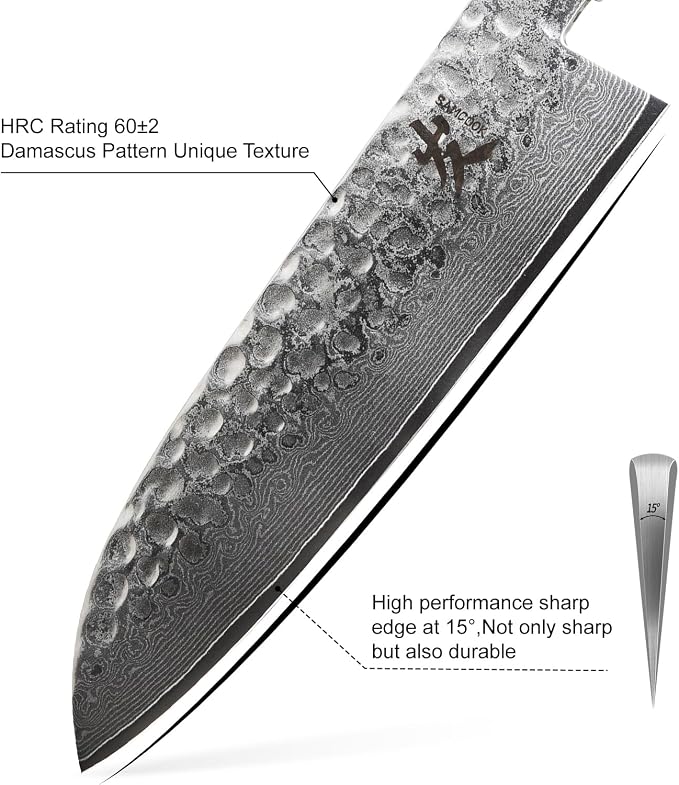 SAMCOOK Santoku Chef Knife - 7 Inch Professional Japanese Knife - VG10 Damascus High Carbon Stainless Steel Hammered Damascus Kitchen Knife - Ergonomic Octagonal Ebony Handle with Gift Box