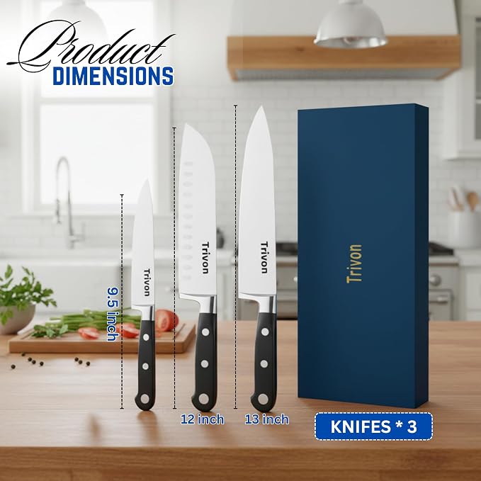 Trivon Kitchen Knife Set with Gift Box – 3-Piece Professional Chef Knife Set, Japanese High-Carbon Stainless Steel Ultra-Sharp Cooking Knives 8" Chef Knife + 7" Santoku + 5" Utility Knife