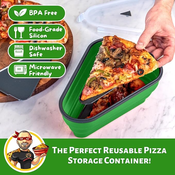 The Perfect Pizza Pack™ - Reusable Pizza Storage Container with 5 Microwavable Serving Trays - BPA-Free Adjustable Pizza Slice Container to Organize & Save Space, Green