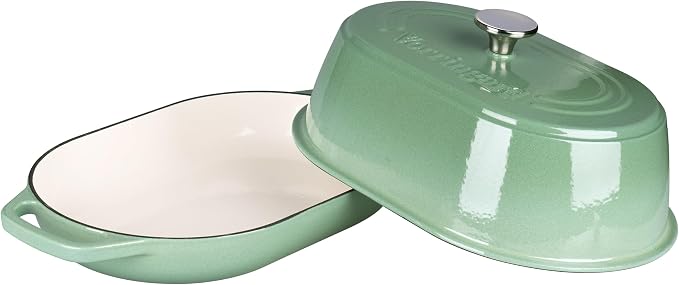 VORRINGARD Enameled Cast Iron Dutch Oven Pot with Dome Lid, Oval Bread Oven for Homemade Sourdough Bread Baking, Oven Safe up to 500°F, 6 Quart, Sage Green