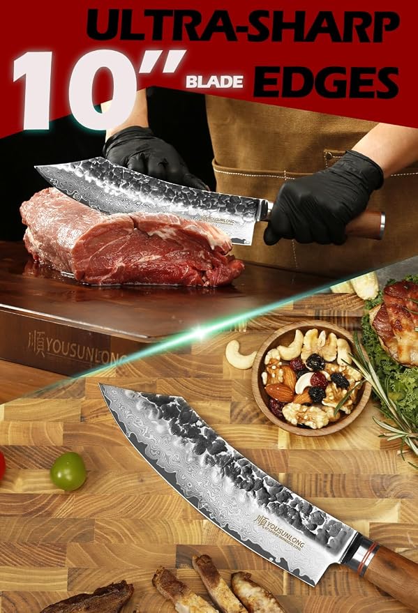 YOUSUNLONG Butcher Knife10 inch Pro Breaking Knives Japanese Hammered Damascus Steel Natural Walnut Wooden Handle with Leather Sheath