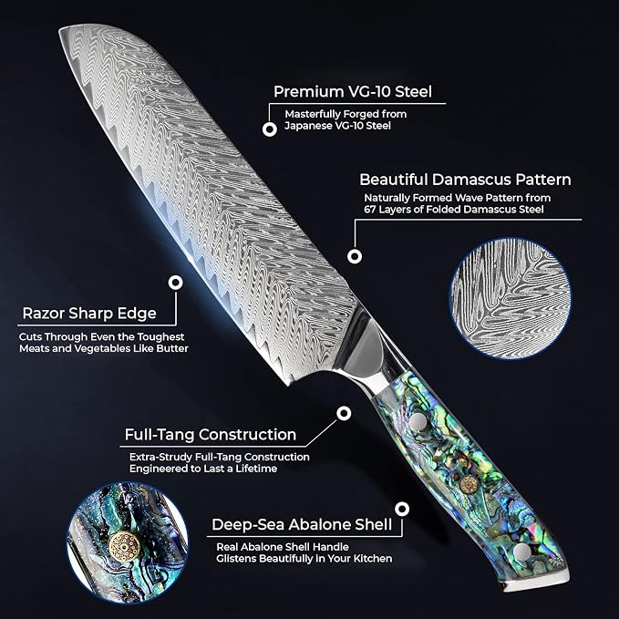 SENKEN Damascus Steel 7" Japanese Santoku Knife with Real Deep-Sea Abalone Shell Handle - Umi Collection - 67-Layer Japanese VG10 Forged Steel Blade, Integrated Full-Tang Molding (7" Santoku Knife)