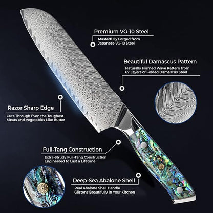 SENKEN Damascus Steel 7" Japanese Santoku Knife with Real Deep-Sea Abalone Shell Handle - Umi Collection - 67-Layer Japanese VG10 Forged Steel Blade, Integrated Full-Tang Molding (7" Santoku Knife)