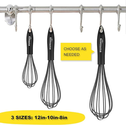 NileHome Silicone Whisk Set 8" 10" 12" Kitchen Whisk Kitchen Wisk Wire Whisks for Cooking, Whisking, Blending, Beating, Stirring-Black 3 Pack