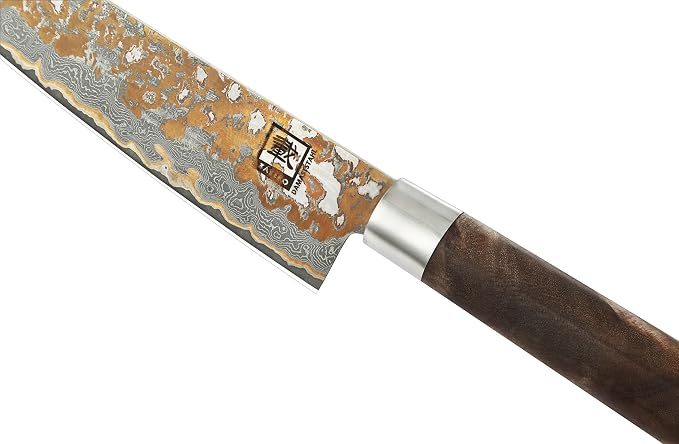 zayiko Damascus Chef Knife 8.8 Inch, VG10 Core Kitchen Knife for Meat, Fish & Vegetables, 67-Layer Copper Damascus Steel, Maple Root Wood Handle, Wooden Gift Box