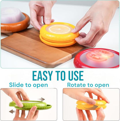 4Pcs Silicone Food Storage Containers with Bonus Knife - Reusable for Avocado, Onion,Tomato & Limon.