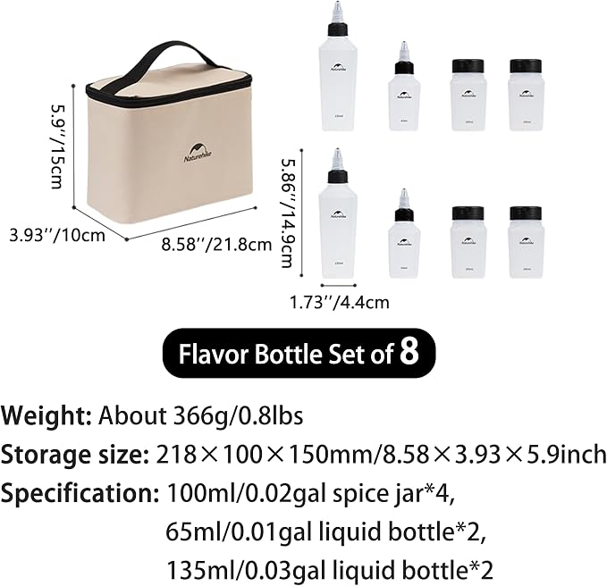 windhike Naturehike PP 6/8 Pcs-Set Travel Spice Containers, Camping Spice Kit with Separable Storage Bag, Portable Anti-leakage Design Spice Condiment Dispenser for Picnic BBQ Backpacking Hiking (8)