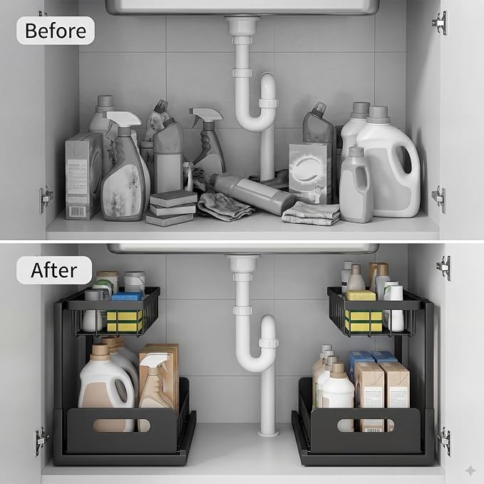 Under-Sink Storage Organizer (2-Pack) — Double-Tier Pull-Out Cabinet Organizer with Sliding Drawers ，Heavy-Duty & Versatile Storage Rack for Kitchen, Bathroom, and Pantry，Black