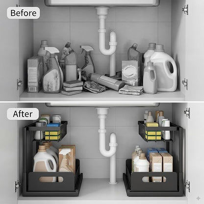 Under-Sink Storage Organizer (2-Pack) — Double-Tier Pull-Out Cabinet Organizer with Sliding Drawers ，Heavy-Duty & Versatile Storage Rack for Kitchen, Bathroom, and Pantry，Black