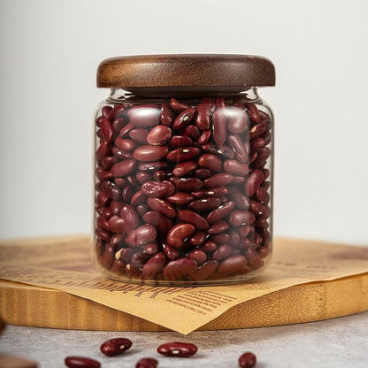1 PC Small Glass Storage Jars with Airtight Lids, 14 FL OZ (420ml) coffee container with Wooden Lid, Glass Pantry Canister for Beans, Rice, Sugar and etc