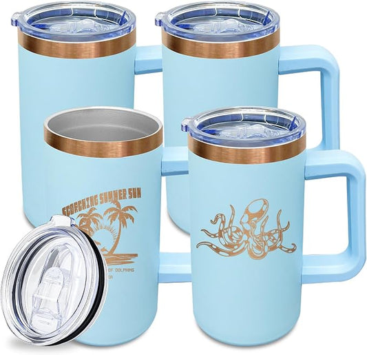 20 oz Insulated Coffee Mug with Lid, Stainless Steel Coffee Tumbler Bulk, Double Wall Vacuum Travel Mug with Handle, Leakproof Powder Coated Coffee Cups for Hot and Cold Drinks (Sky Blue,4 pack)