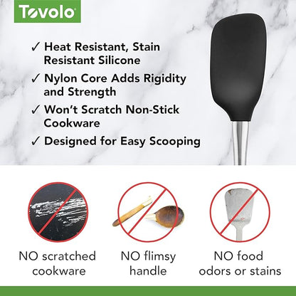 Tovolo Spoon Spatula Spoonula with Stainless Steel Handle Ergonomic Grip Black, Silicone Scoopula Kitchen Utensil Non Scratch Easy Clean Dishwasher Safe Heat Resistant Flex Core Scoop Spatula