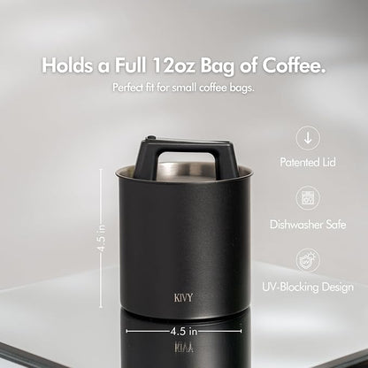 KIVY Vacuum Coffee Canister - Push Lid Preserves Aroma & Oil - Stainless Steel Airtight Container for Ground & Bean Storage - Removes Excess Air