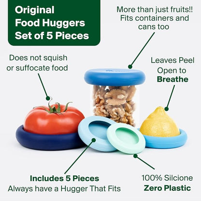 Food Huggers 5pc Reusable Silicone Food Savers | BPA Free | Plastic Free Food Storage | Dishwasher Safe | Fruit & Vegetable Produce Storage for Onion, Tomato, Lemon, Banana & Cans | Round, Ice Blue