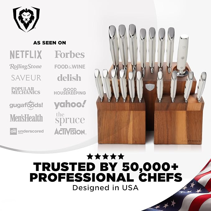 Dalstrong 18-Piece Gladiator Colossal Knife Block Set (White Handles) — German High-Carbon Steel, Full-Tang, Hand-Sharpened — For Home Chefs, Wedding Registries & Serious Kitchens — Acacia Block, NSF