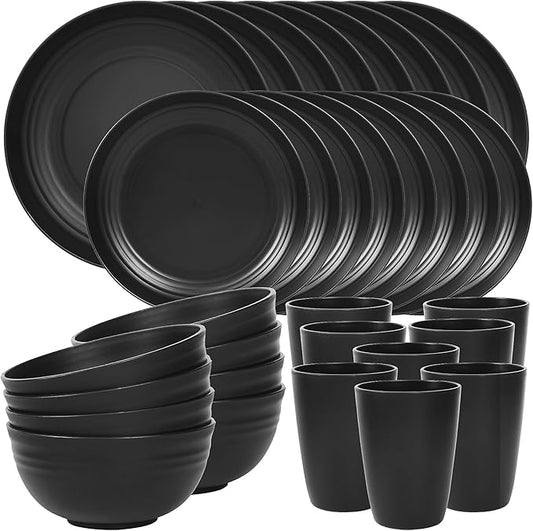 Quatish 32 Piece Plates and Bowls Sets for 8, Unbreakable Dinnerware Sets, Dish Set for Camping, Dishwasher Microwave Safe, Outdoor Kitchen and Apartment Dinning RV Essentials, Black