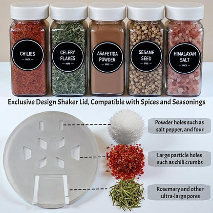 Spice Jars with Labels - 24 Glass Spice with Shaker Lids & Airtight Plastic Caps - 4oz Complete Seasoning Containers Organizer Set for Cabinet, Drawer & Rack (Beige)
