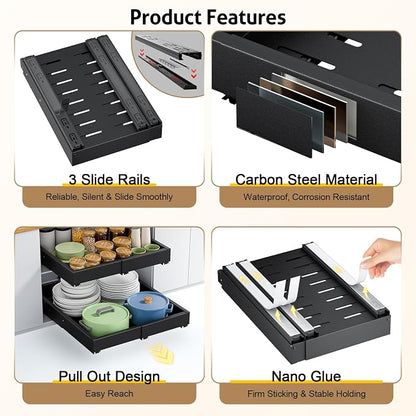 Upgrade 2 Pack Pull Out Cabinet Organizer, Expandable Width (11.4"-18.9") Depth (16.3"-21.7") Pull out Drawers for Cabinets with 3 Rails, No Drill Adhesive Film or Nail Slide out Drawers for Kitchen