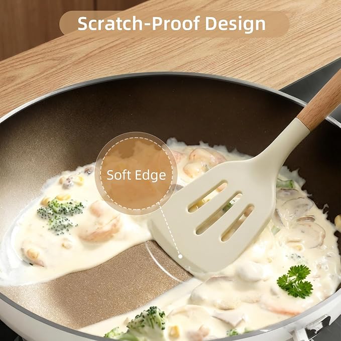 Silicone Cooking Utensils Set, 33PCS/446°F Heat Resistant Food Grade Silicone Kitchen Gadgets, Spatula Set w Holder, for Nonstick Cookware (BPA Free, Khaki)
