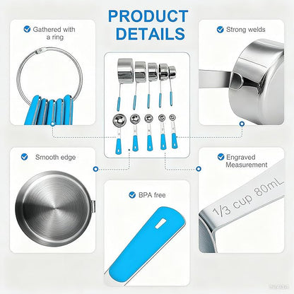 Bopei Measuring Cups and Spoons Set Stainless Steel 10 Piece for Cooking and Baking (5 Cups + 5 Spoons, Light Blue Handle)