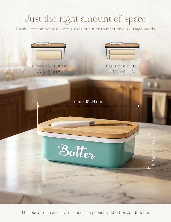 Butter Dish with Lid for Countertop, AISBUGUR Metal Butter Keeper with Stainless Steel Multipurpose Butter Knife, Large Butter Container with Double High-quality Silicone Good Kitchen Gift Green